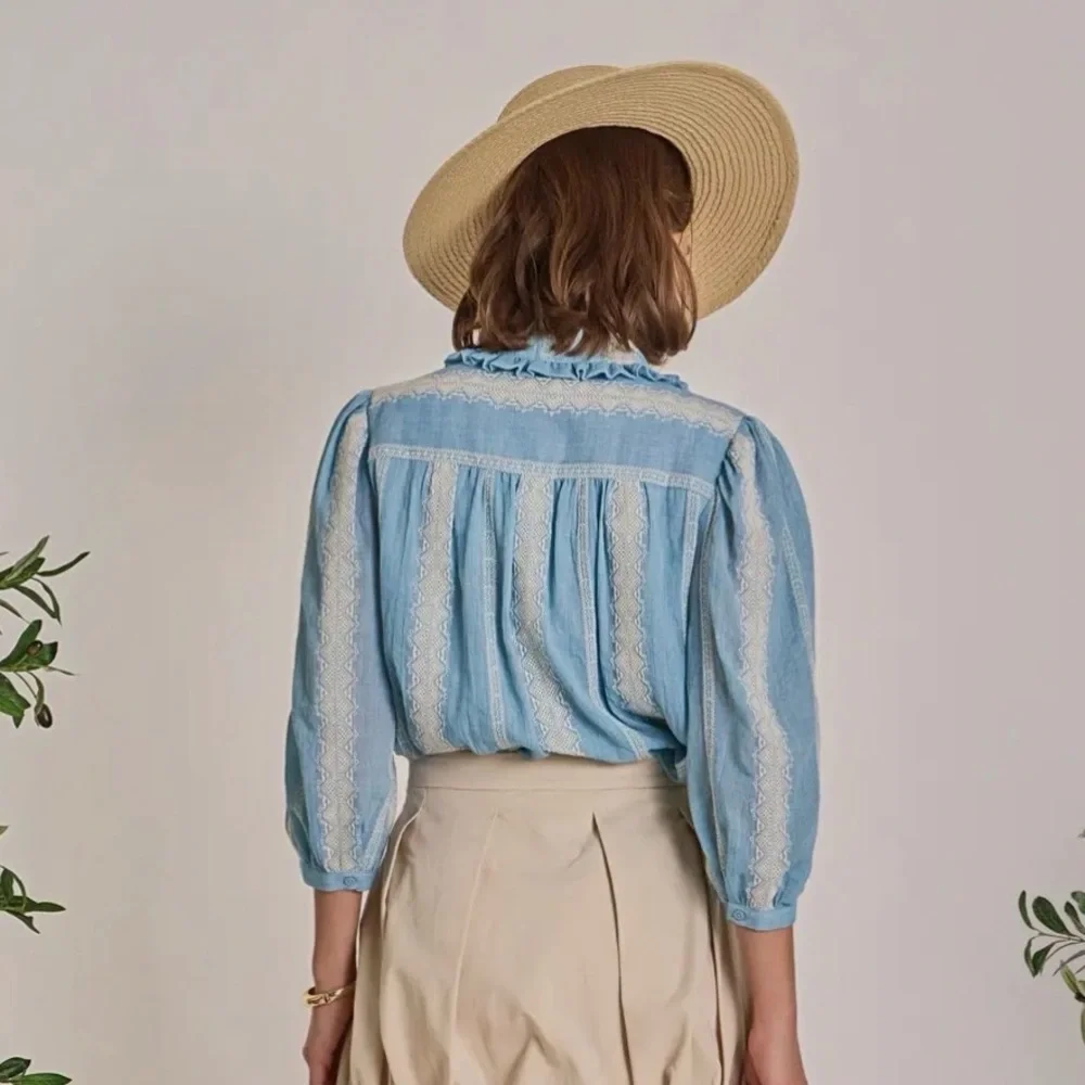 English Factory Women's Blue embroidered ruffle vintage Victorian Blouse NWT - Picture 2 of 5